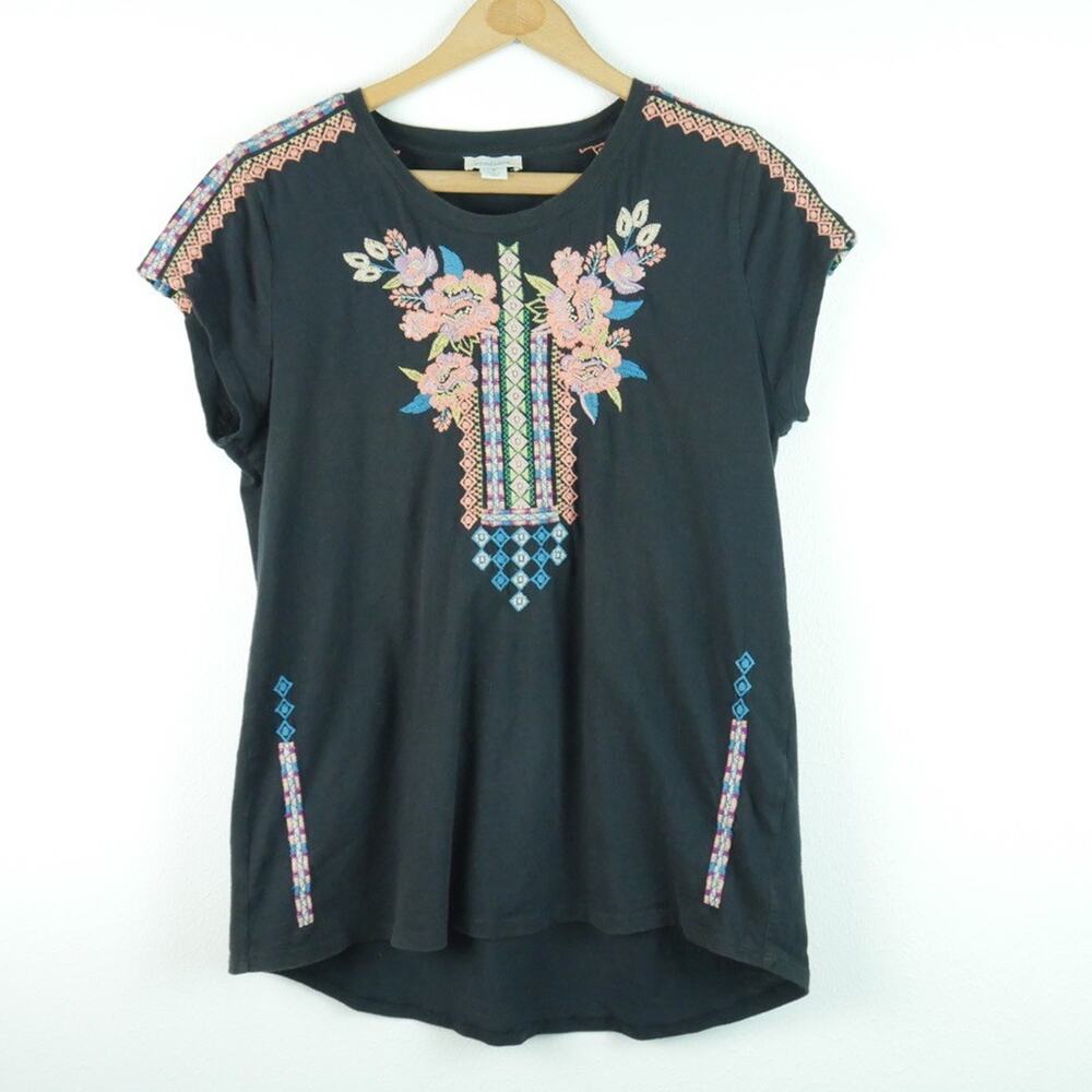 Sundance Medium Embroidered T Shirt Black Cotton Bohemian Floral Western
